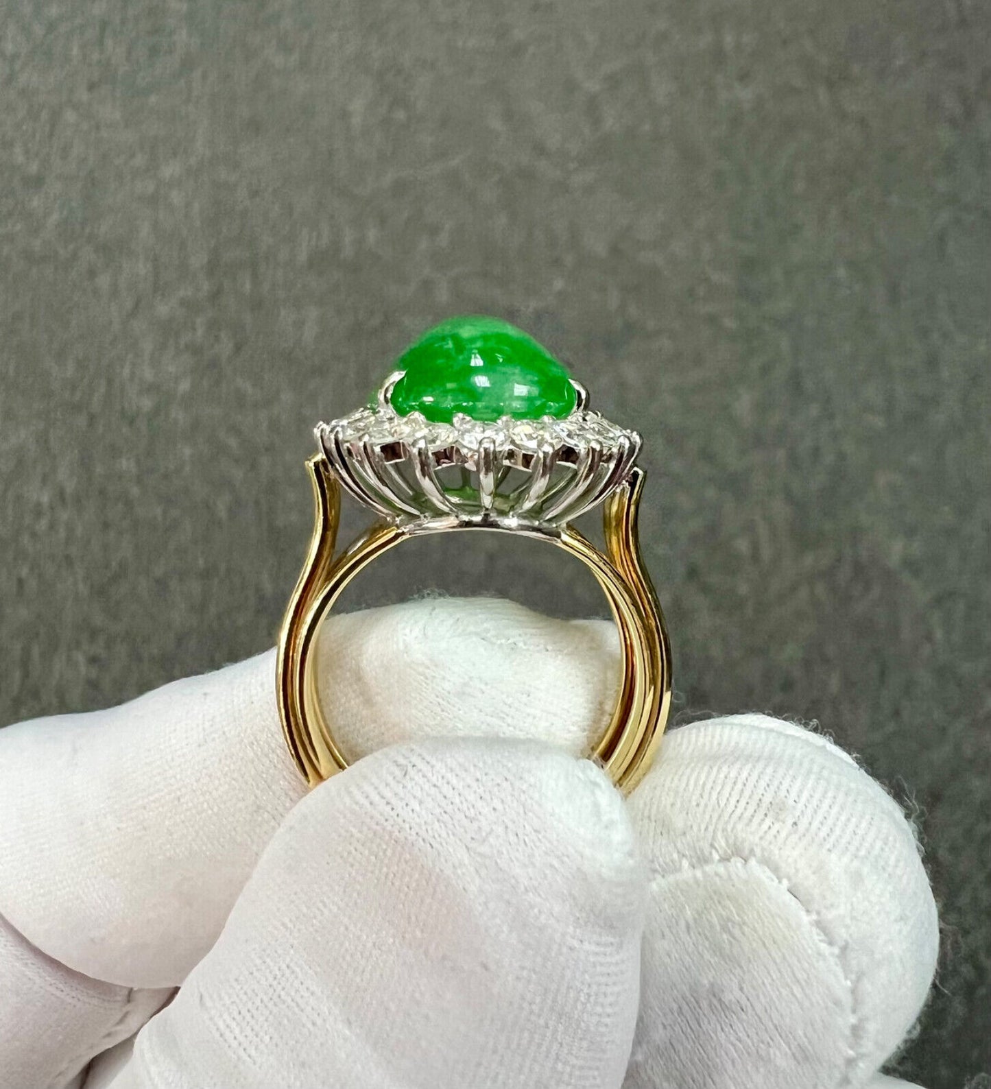 GIA Jade Diamonds Halo 18k Yellow Gold and Platinum Cocktail Ring