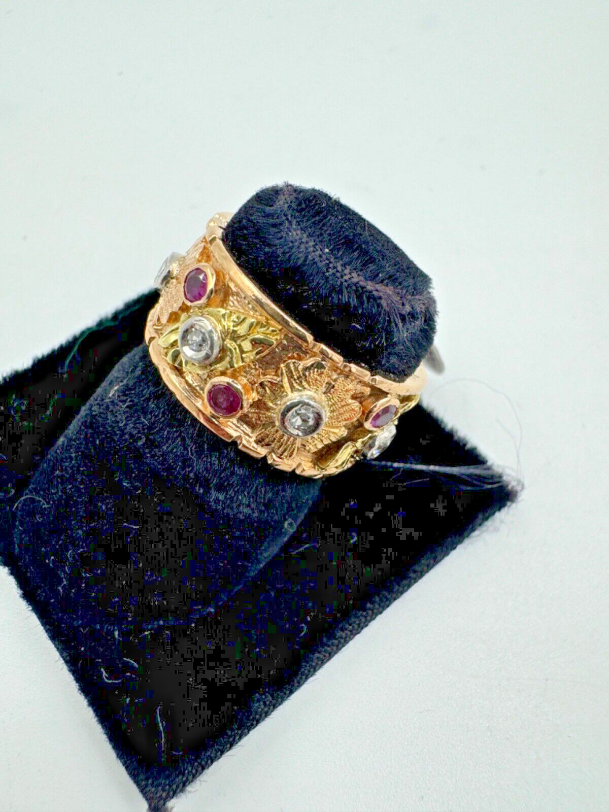 1940s Retro 14k Rose Gold Ruby Diamond 9mm Wide Band Ring