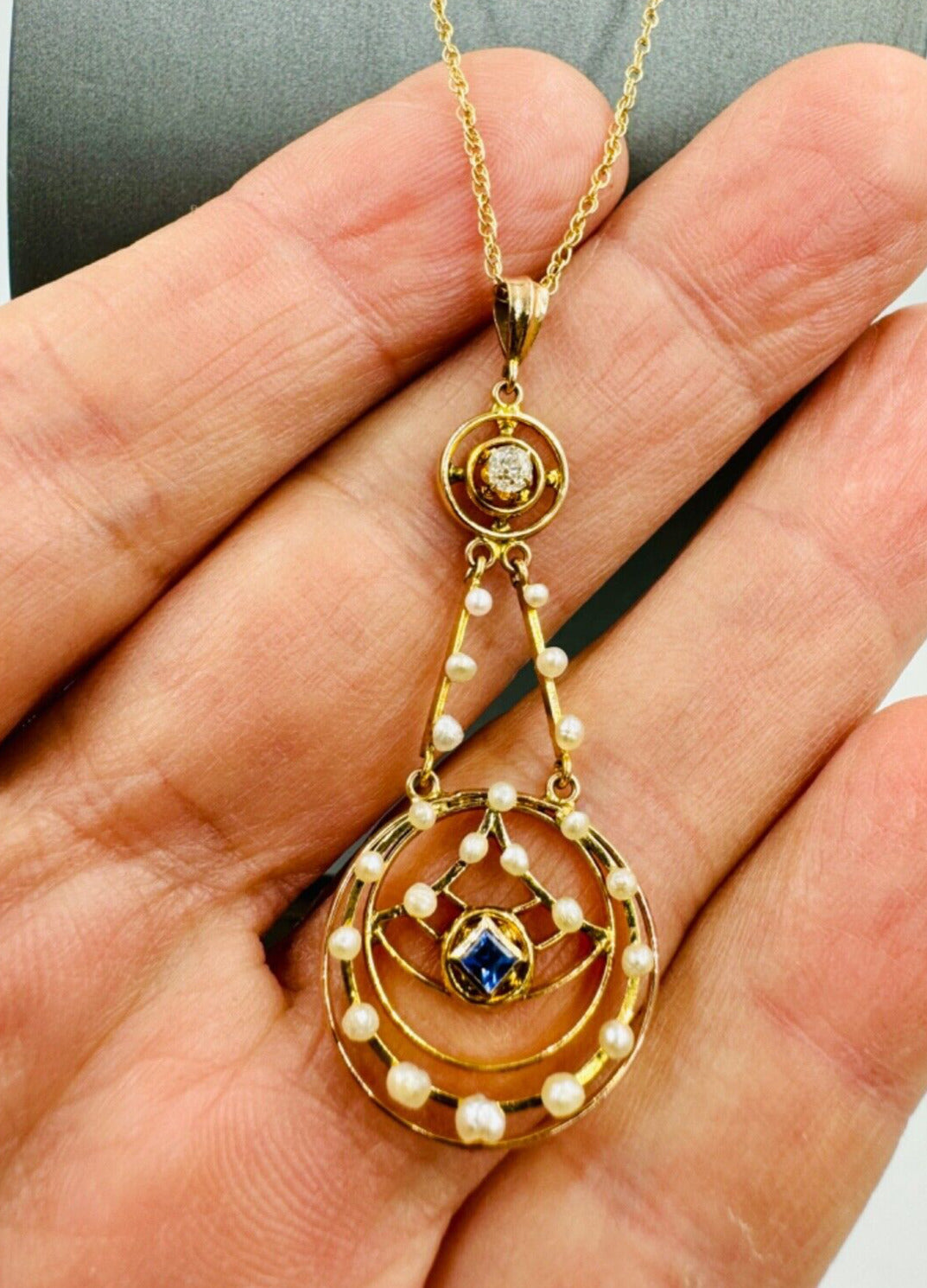 Antique Art Nouveau 10k Gold Sapphire and Pearl LAVALIER Dangle Pendant Necklace