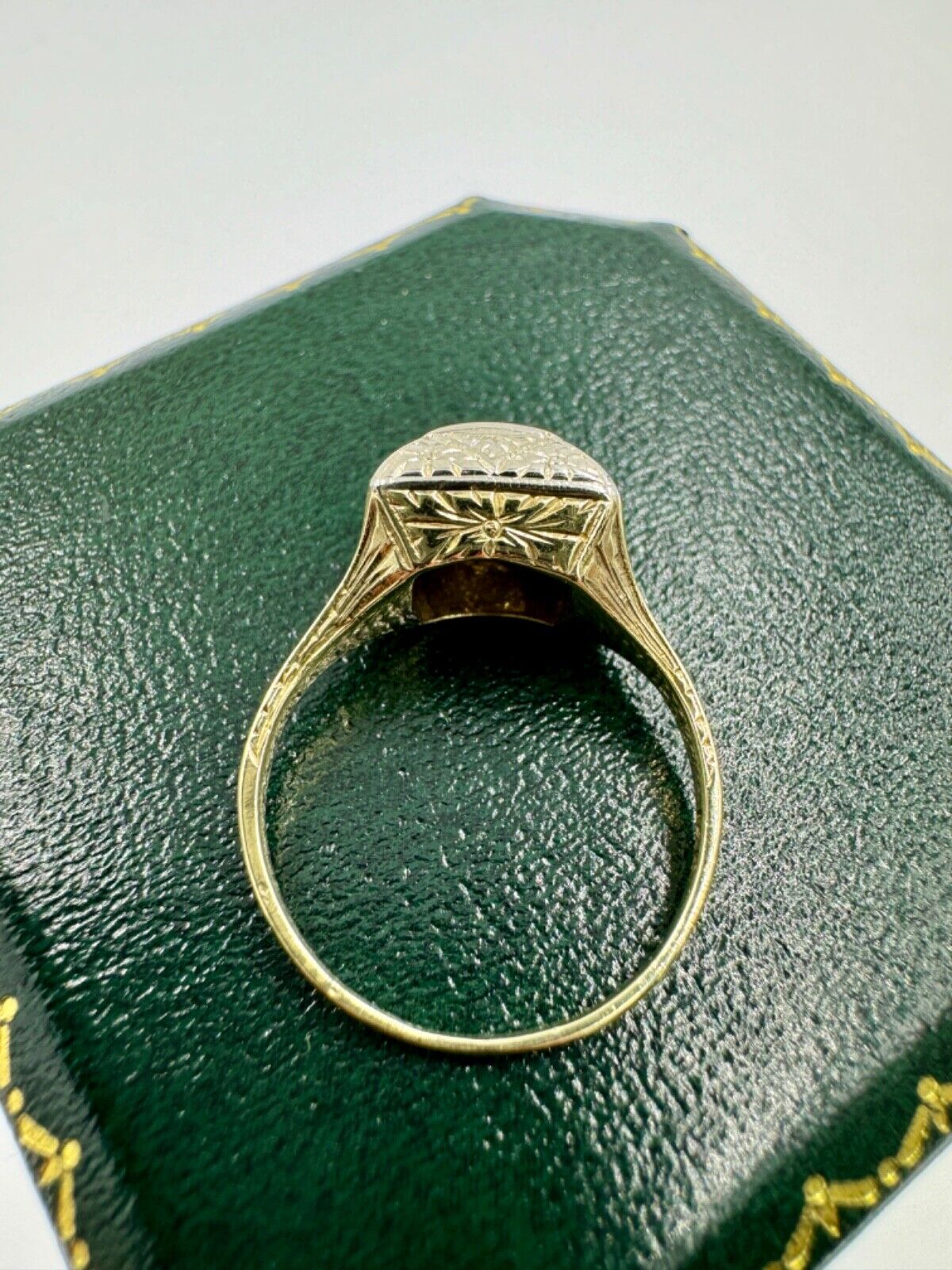 Art Deco 14k gold Diamond Ring Hand Etched .15cts