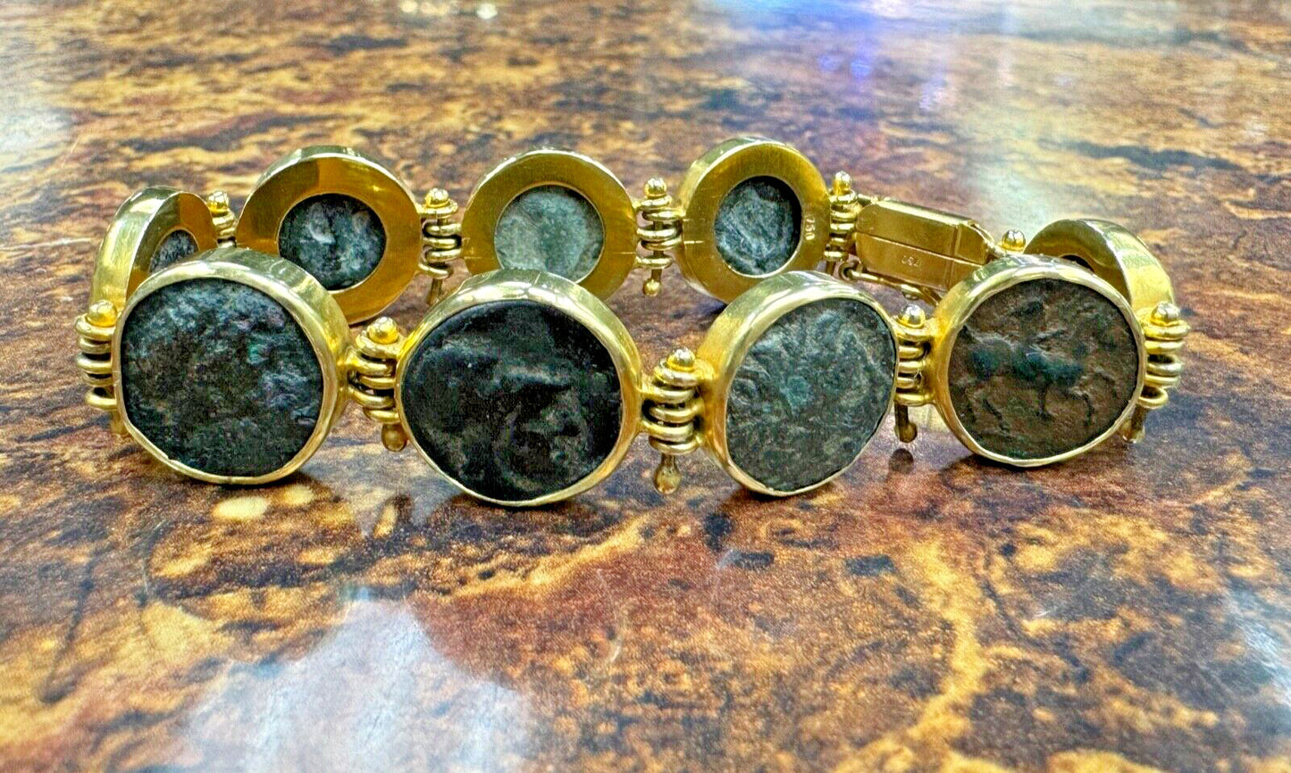 Estate 18k Yellow Gold Early Greek Bronze Coin Hand Made Bracelet