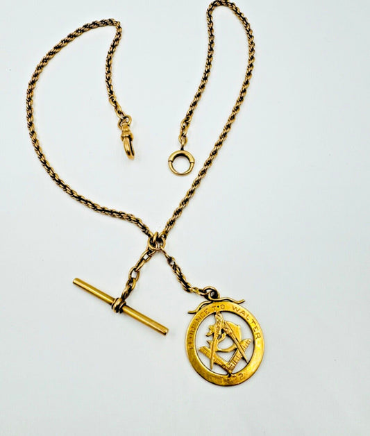 Antique Pocket Watch Chain Necklace 10K Yellow Gold  Masonic Fob