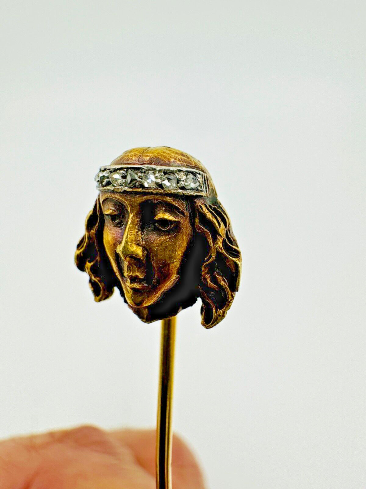 18k gold Art Nouveau Lady stick pin with Rose Cut Diamonds