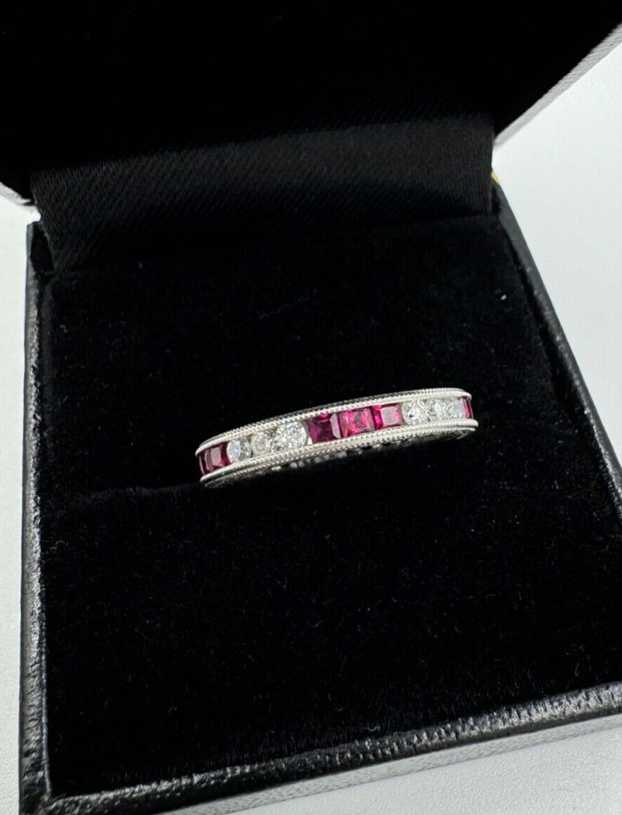 Platinum Ruby and Diamond Etched Band Ring 3mm