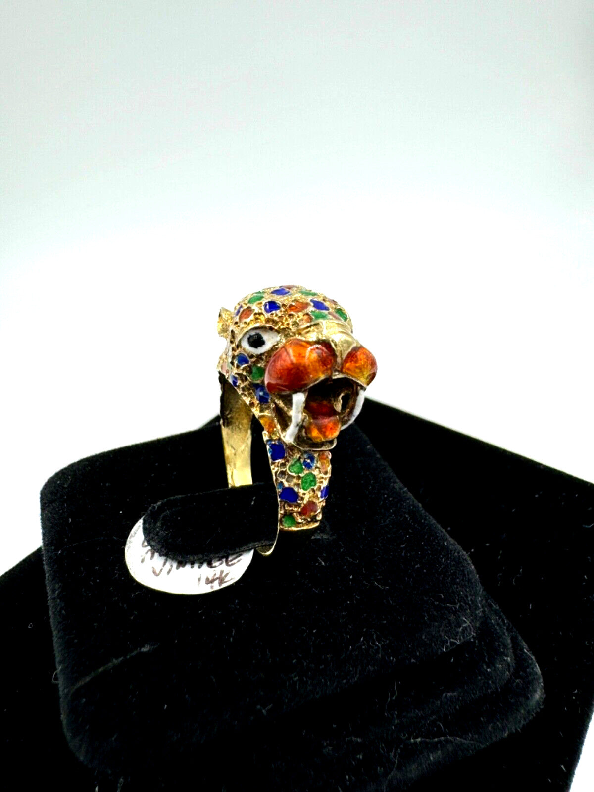 Estate 14k Yellow Gold  Leopard Ring Multi Color Enamel