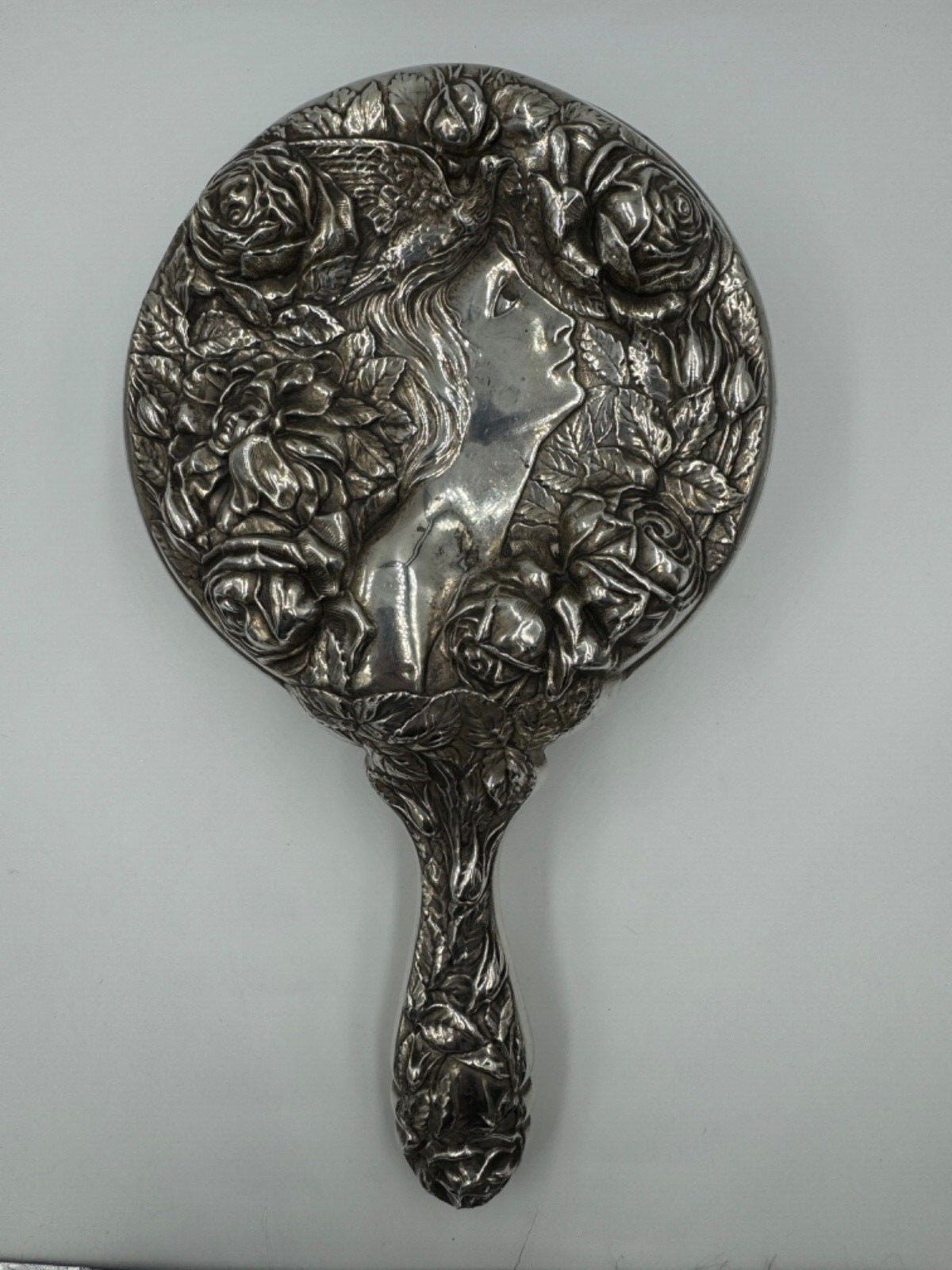 Antique Foster & Bailey Sterling Silver Repousse Hand Mirror