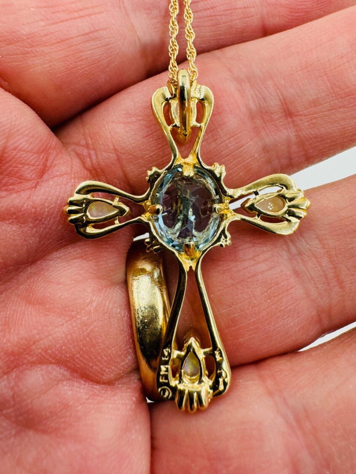 Estate 14k yellow gold Opal Topaz Cross Necklace Pendant