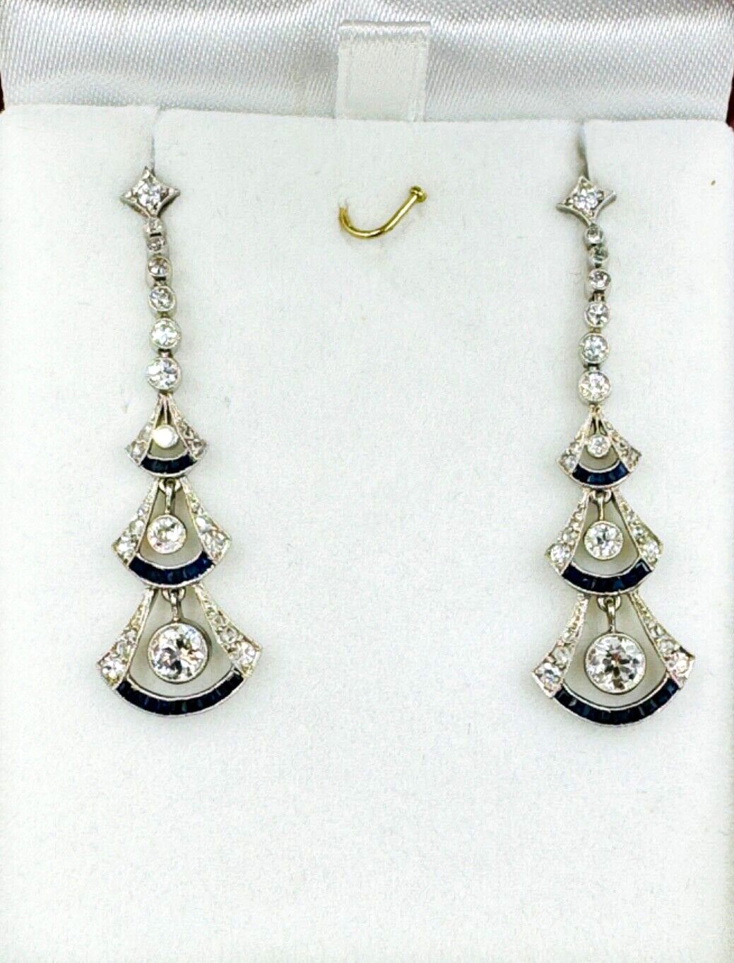 Art Deco Diamond Sapphire Platinum Dangling Earrings