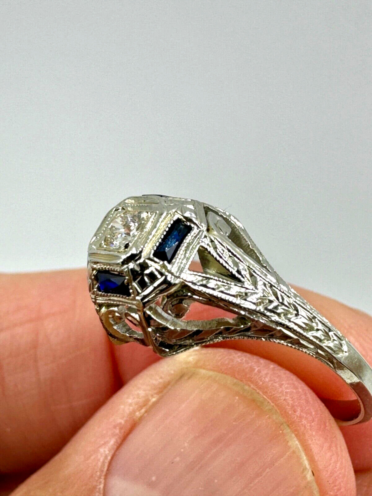 Art Deco 18K Gold Diamond and Sapphire Hand Etched Ring