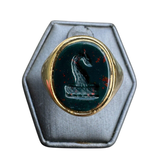 Antique London BloodStone Dragon Signet Ring 18k Circa 1918