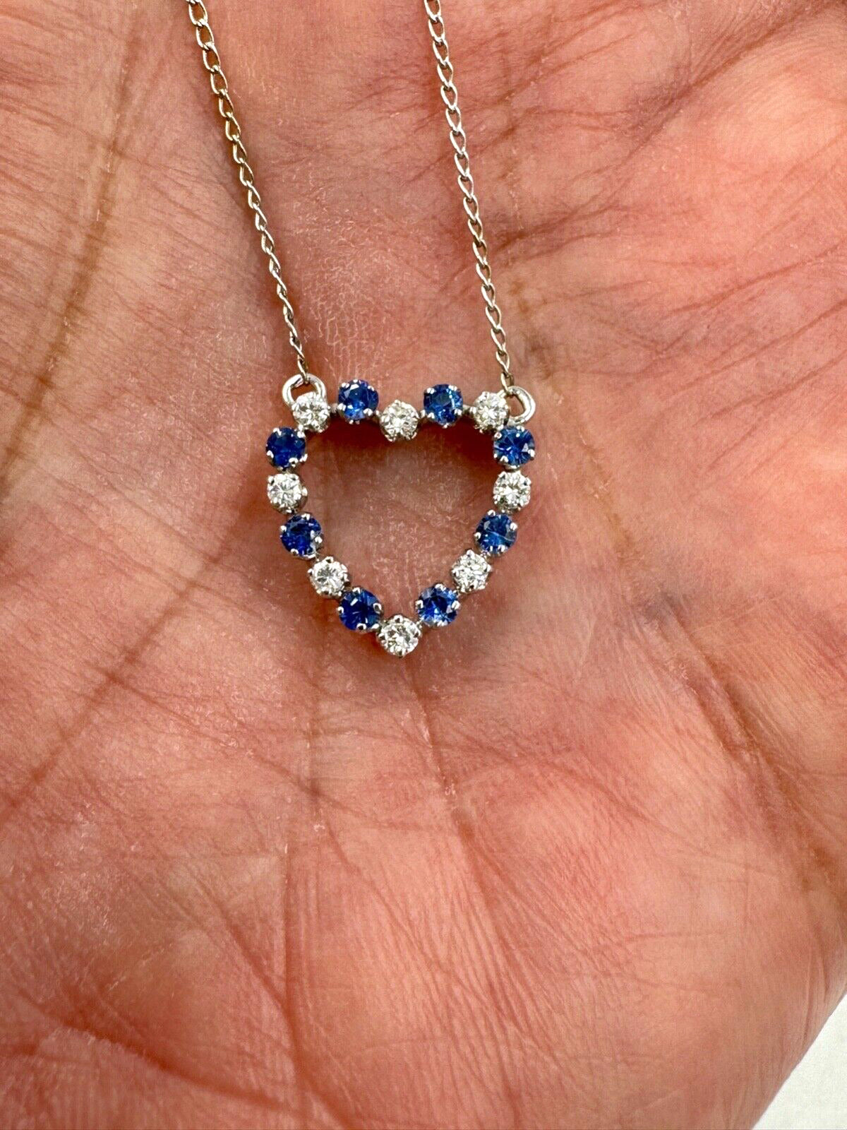 Estate 14k White Gold Diamond and Sapphire Heart Pendant Necklace