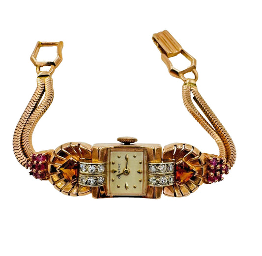 Art Deco 14k pink gold watch with Diamonds Citrine and Ruby's Geneve