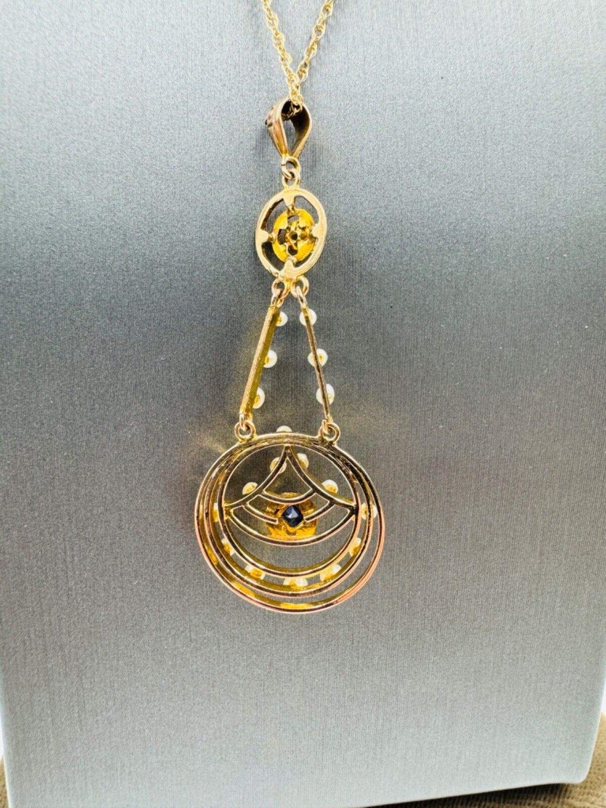 Antique Art Nouveau 10k Gold Sapphire and Pearl LAVALIER Dangle Pendant Necklace