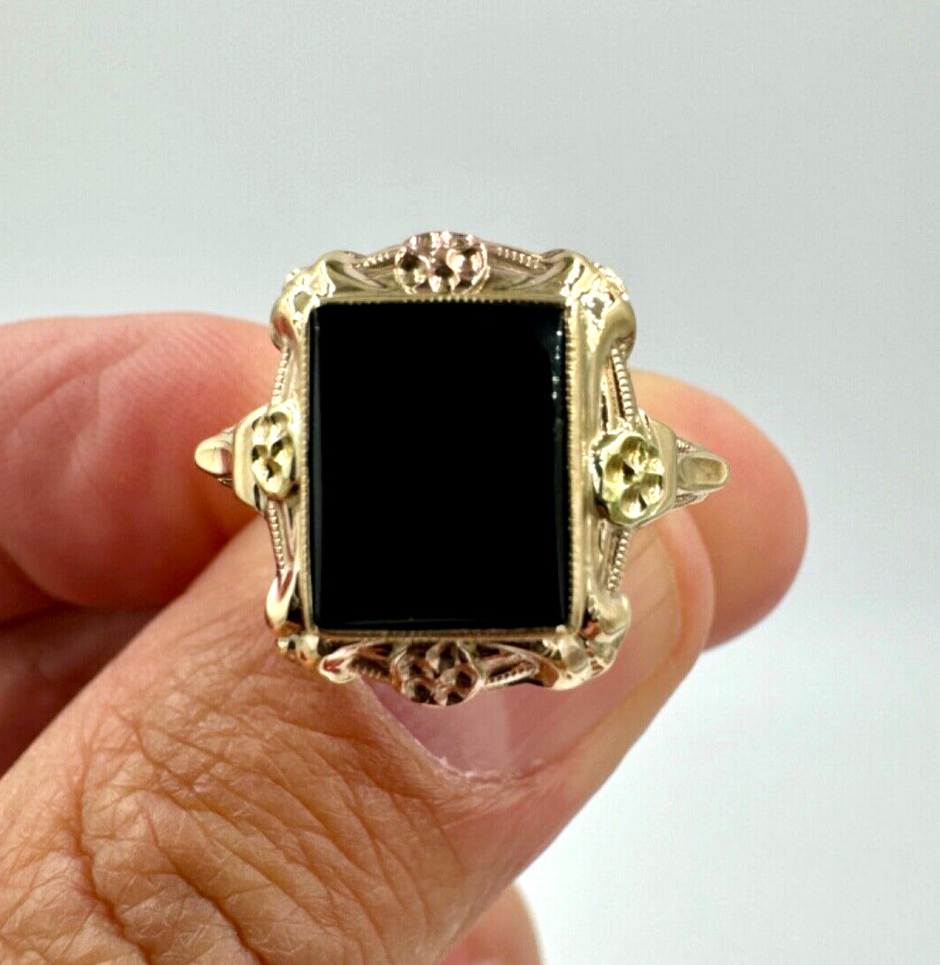 Art Deco 10K Tri Color Gold Onyx Ring