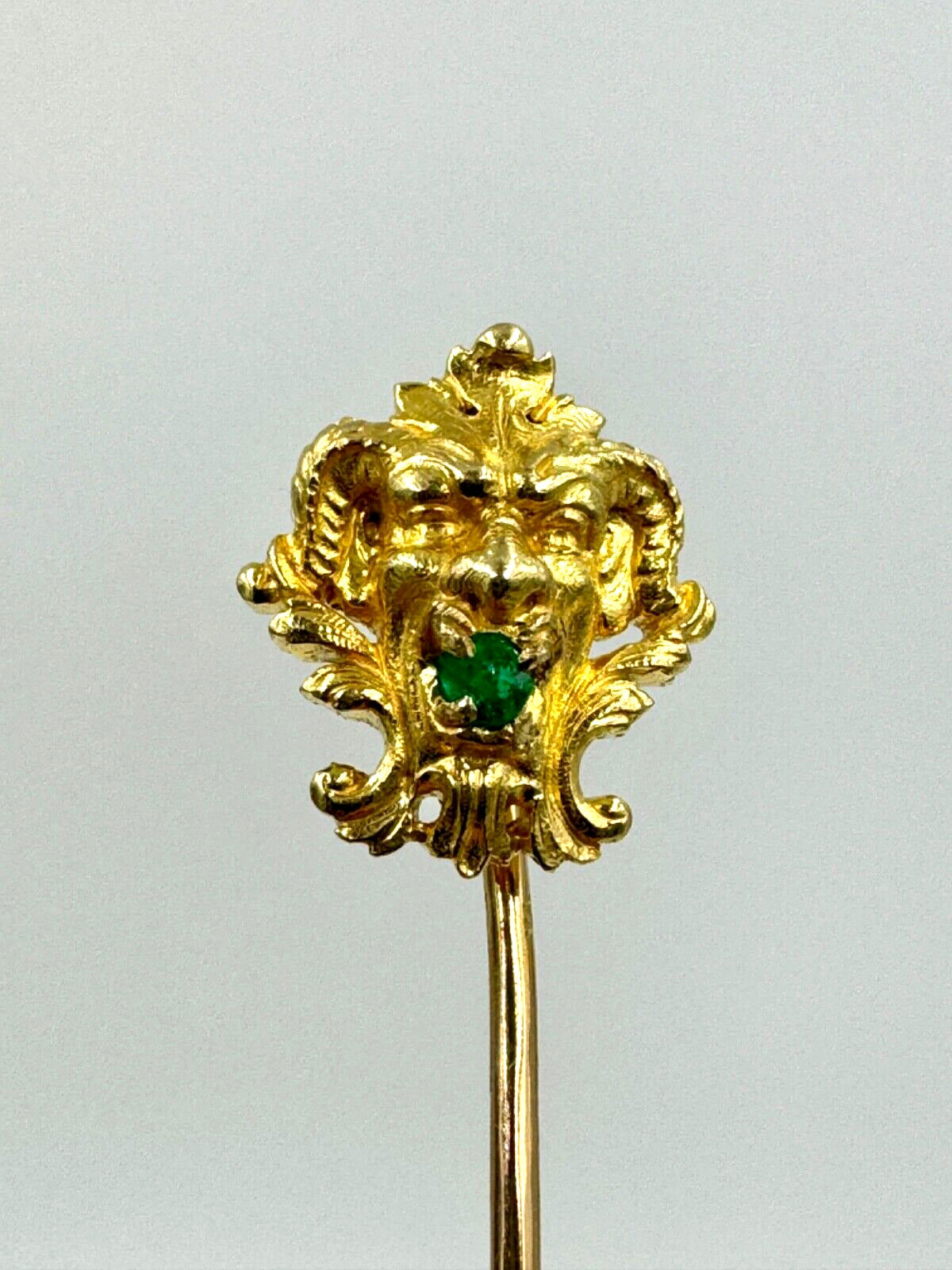 Antique French  18k gold Mythical figure stick pin Hat pin Emerald