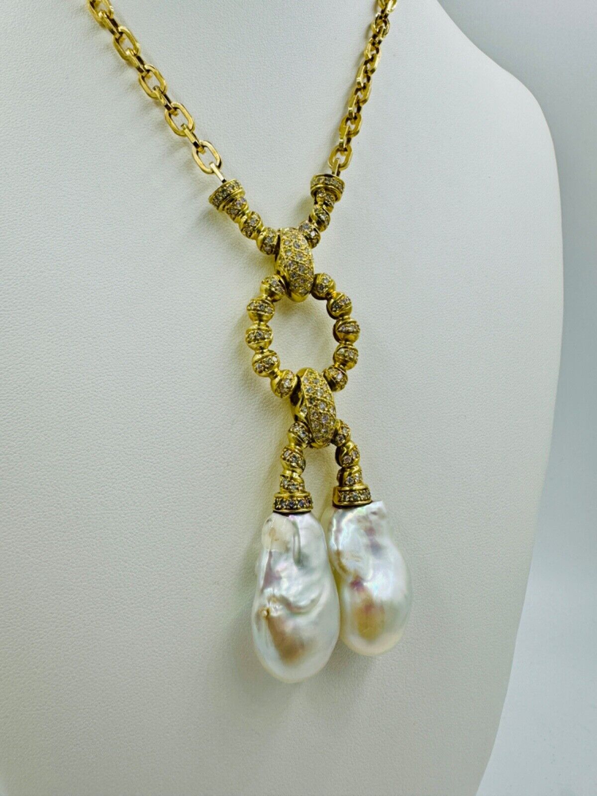 Estate Biwa Pearl Diamond Yellow Gold Dangle Pendant Necklace