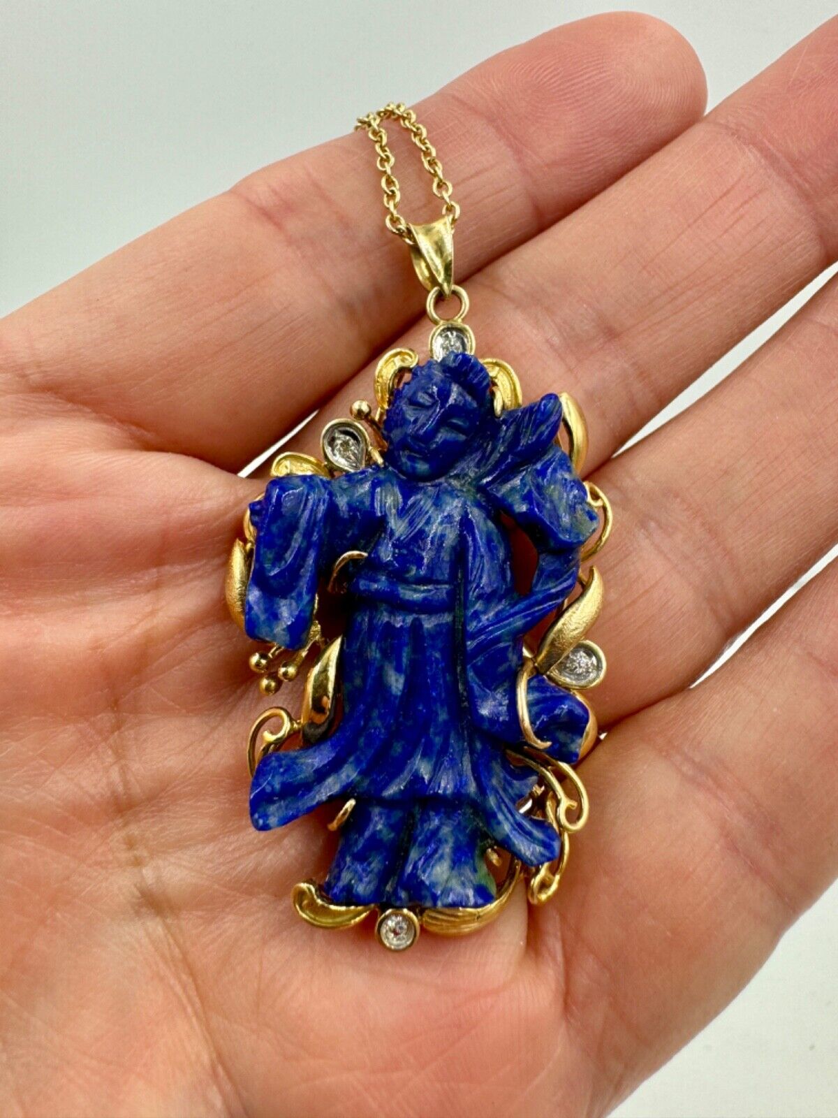 Carved Lapis Lazuli Quad Yin Pendant Diamond accents pendant  Necklace