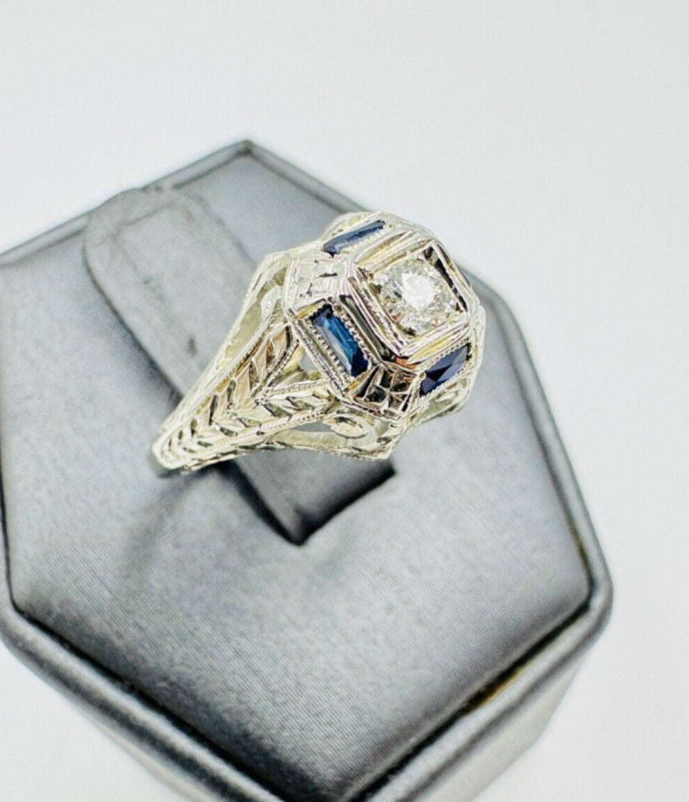 Art Deco 18K Gold Diamond and Sapphire Hand Etched Ring