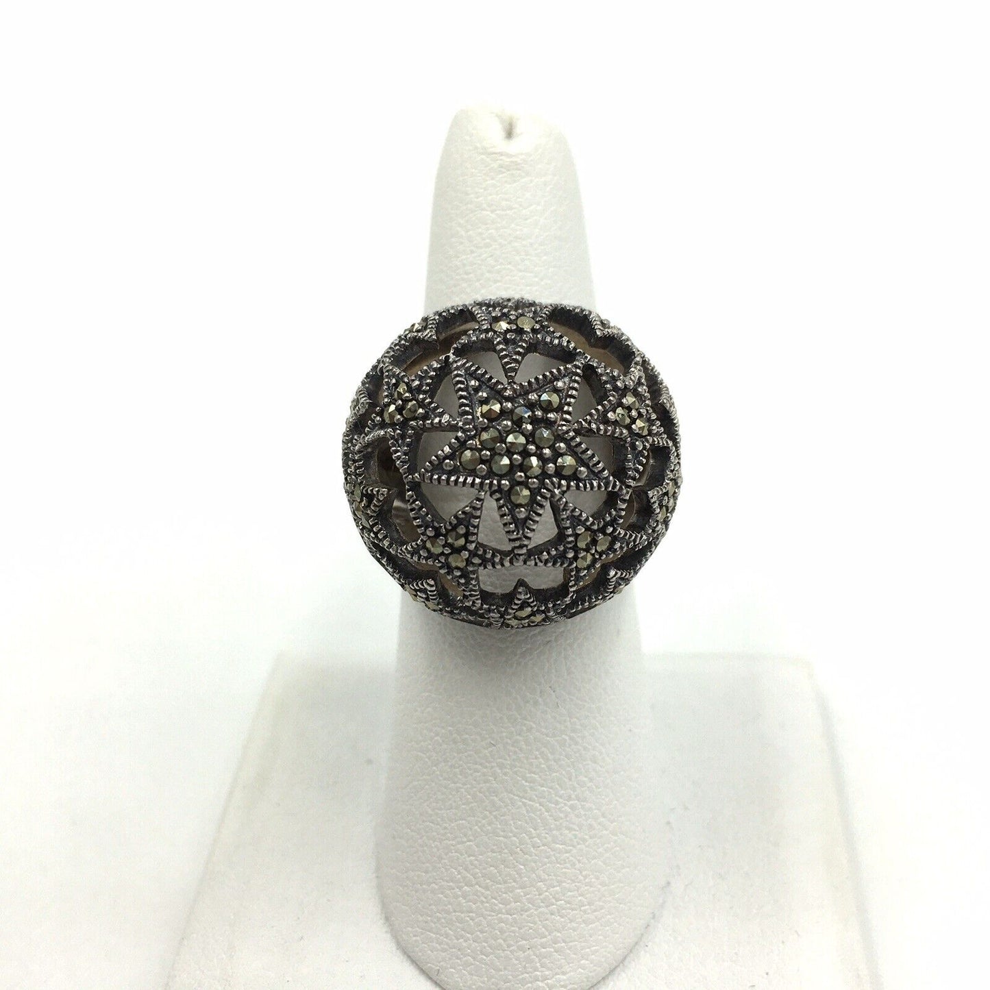 Marcasite Star Dome Sterling Cocktail Ring Size 6.75