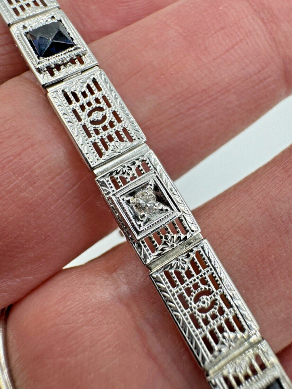 Ostby Barton Art Deco 14k White Gold Filigree Bracelet Swiss Cut Blue Stones