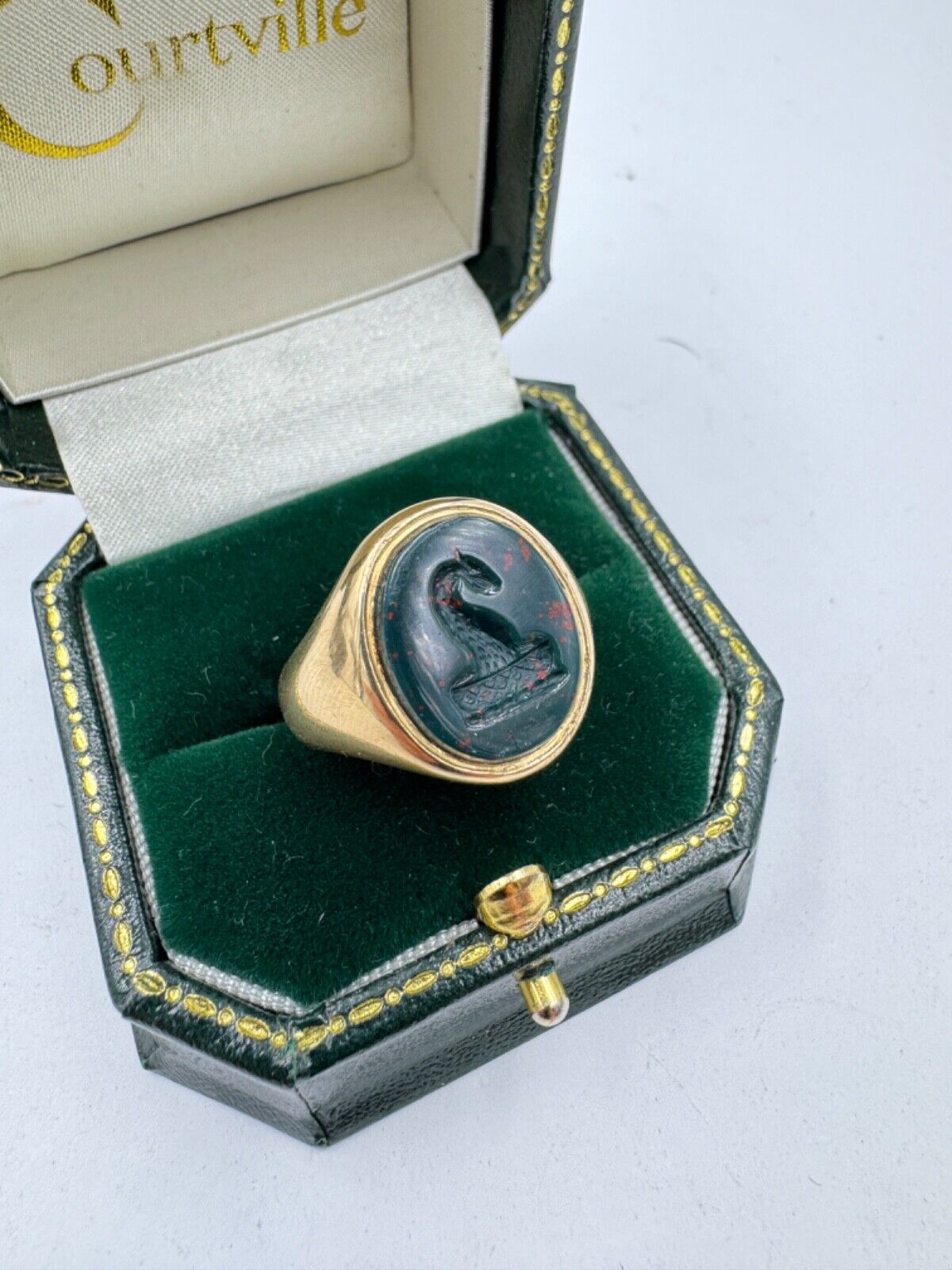 Antique London BloodStone Dragon Signet Ring 18k Circa 1918