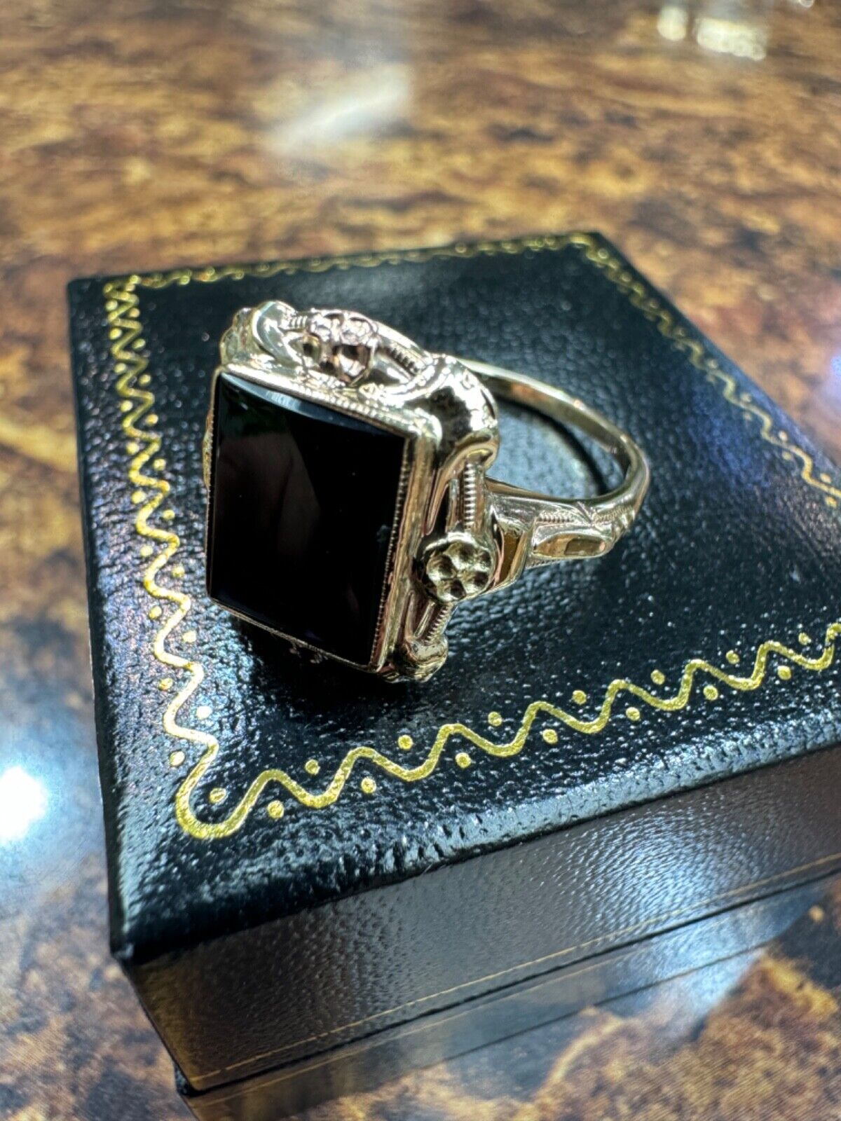 Art Deco 10K Tri Color Gold Onyx Ring