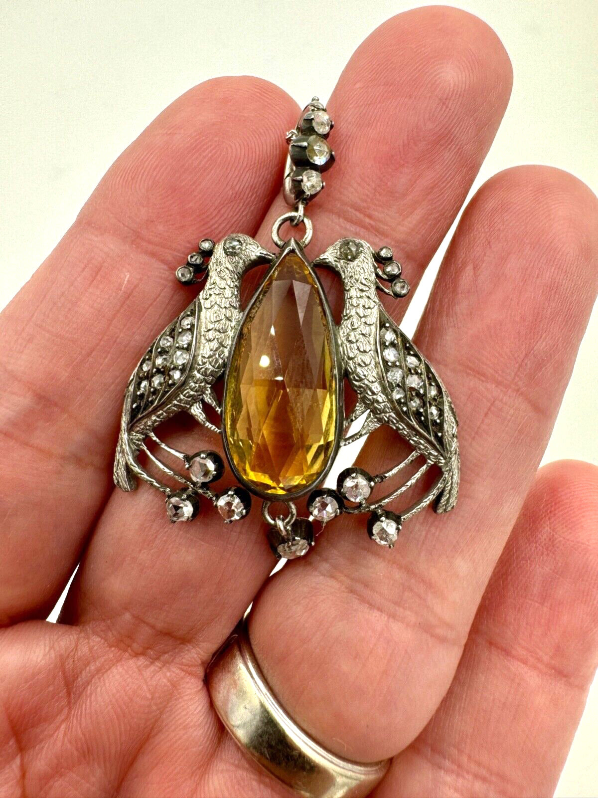 Victorian Peacock Citrine Rose Cut Diamond Pendant