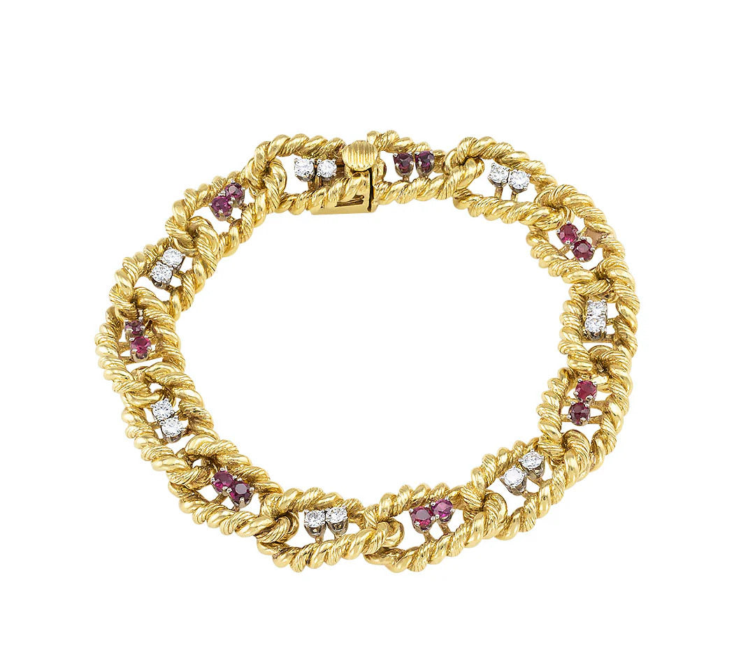 Estate 18k Gold Ruby and Diamond bracelet 7" long