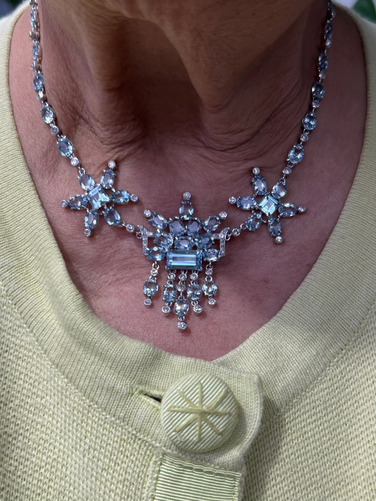 Aquamarine Diamond Platinum Fringe Necklace Circa 1950s