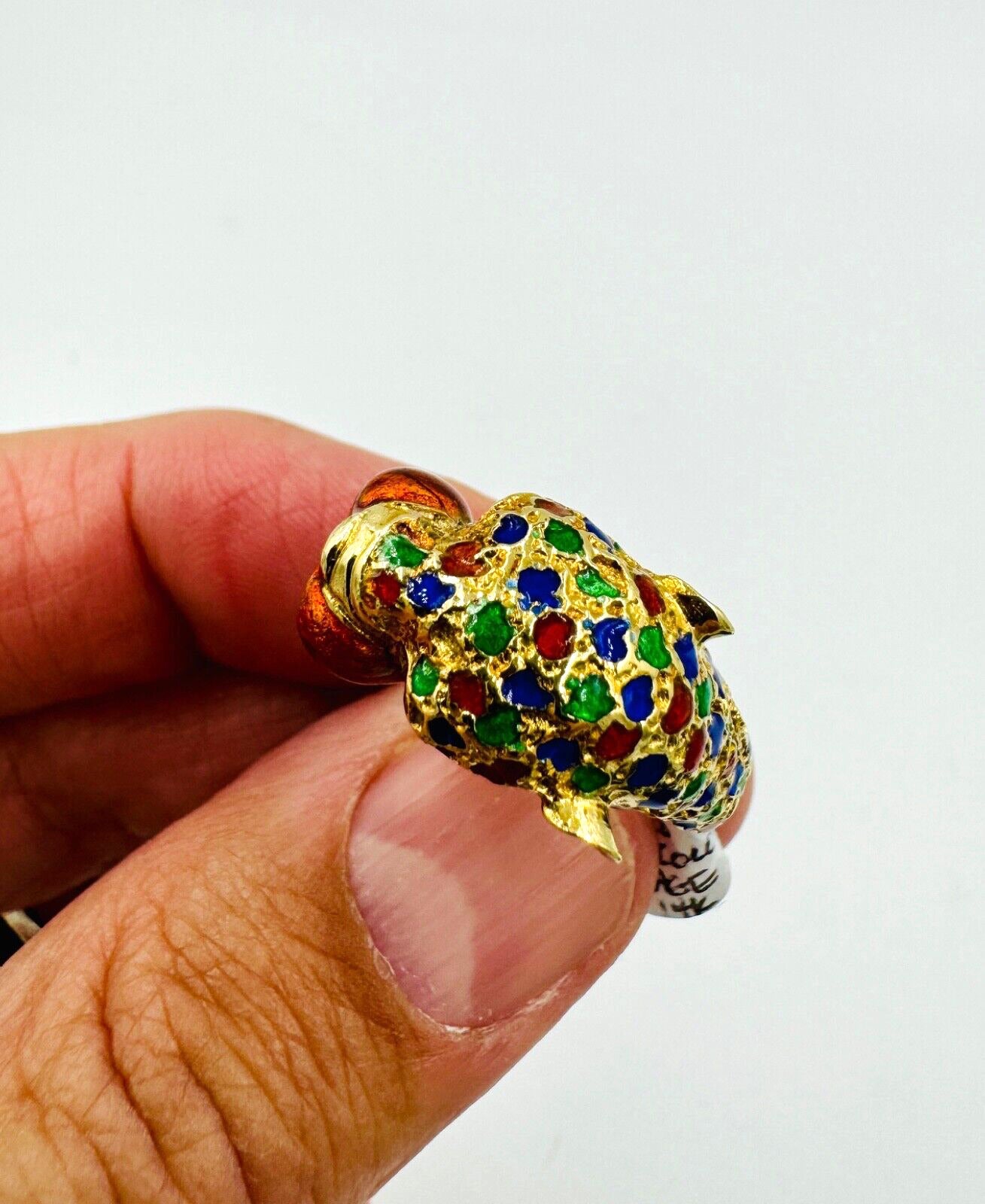 Estate 14k Yellow Gold  Leopard Ring Multi Color Enamel