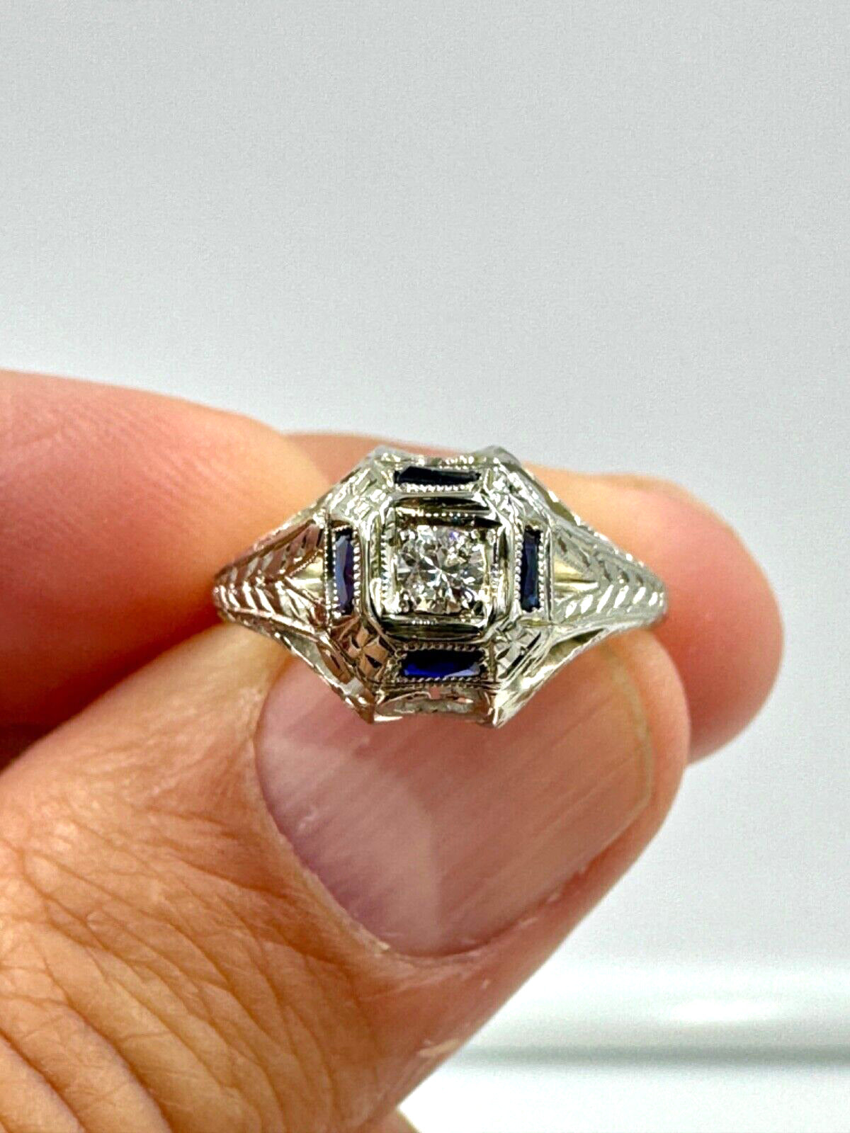 Art Deco 18K Gold Diamond and Sapphire Hand Etched Ring