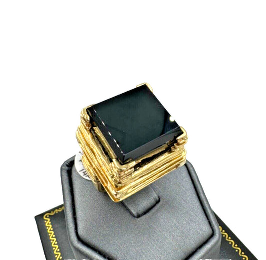 Abstract 14k Gold Square Black Onyx Ring Designer signed