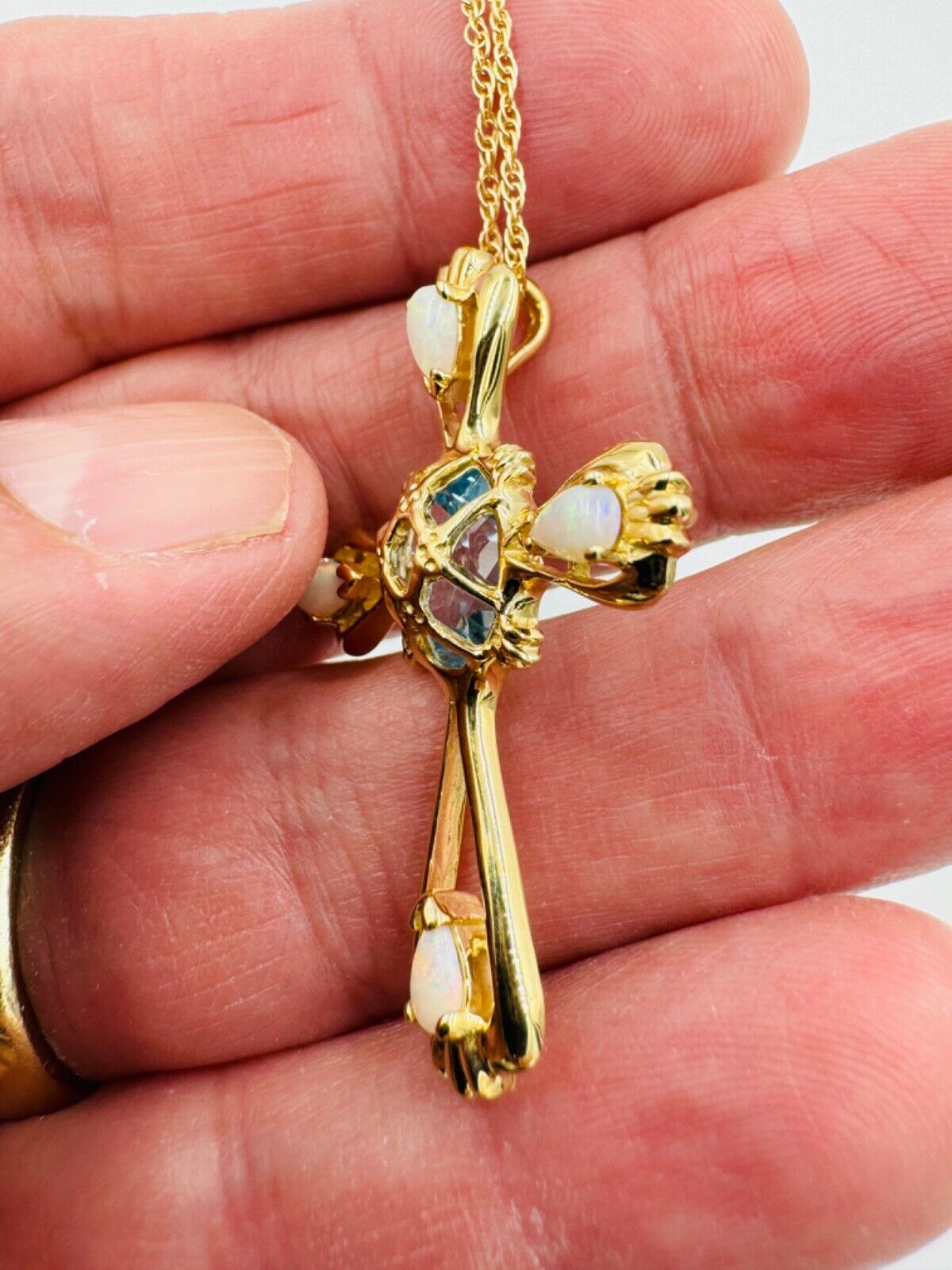 Estate 14k yellow gold Opal Topaz Cross Necklace Pendant