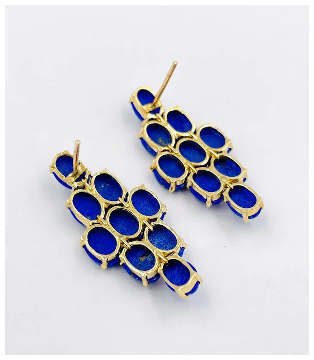 Vintage Hand Made 14k Gold Lapis Lazuli dangle earrings Mid-Century