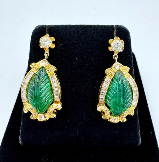 Vintage Carved Emerald Diamond Gold Dangle Earrings