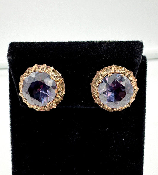 Vintage 9k  ct Gold Synthetic Change Sapphire Clip on Earrings Rose Gold