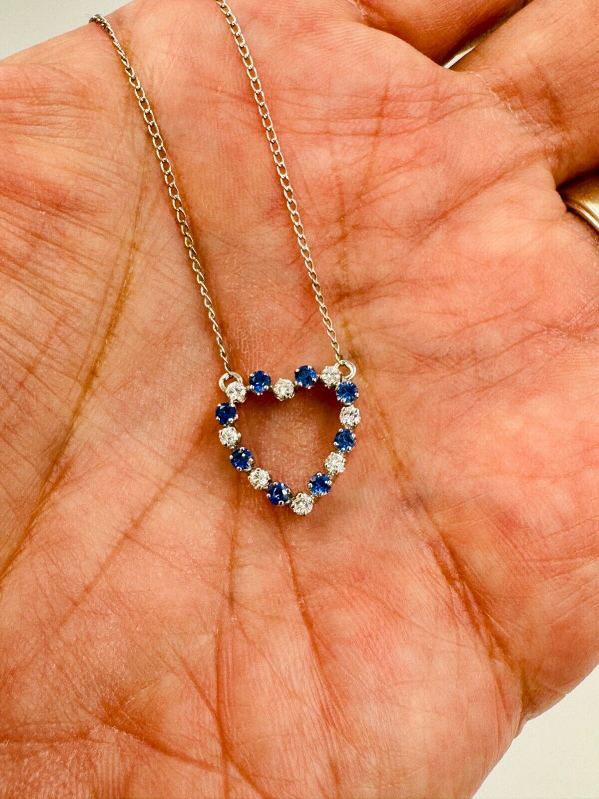 Estate 14k White Gold Diamond and Sapphire Heart Pendant Necklace