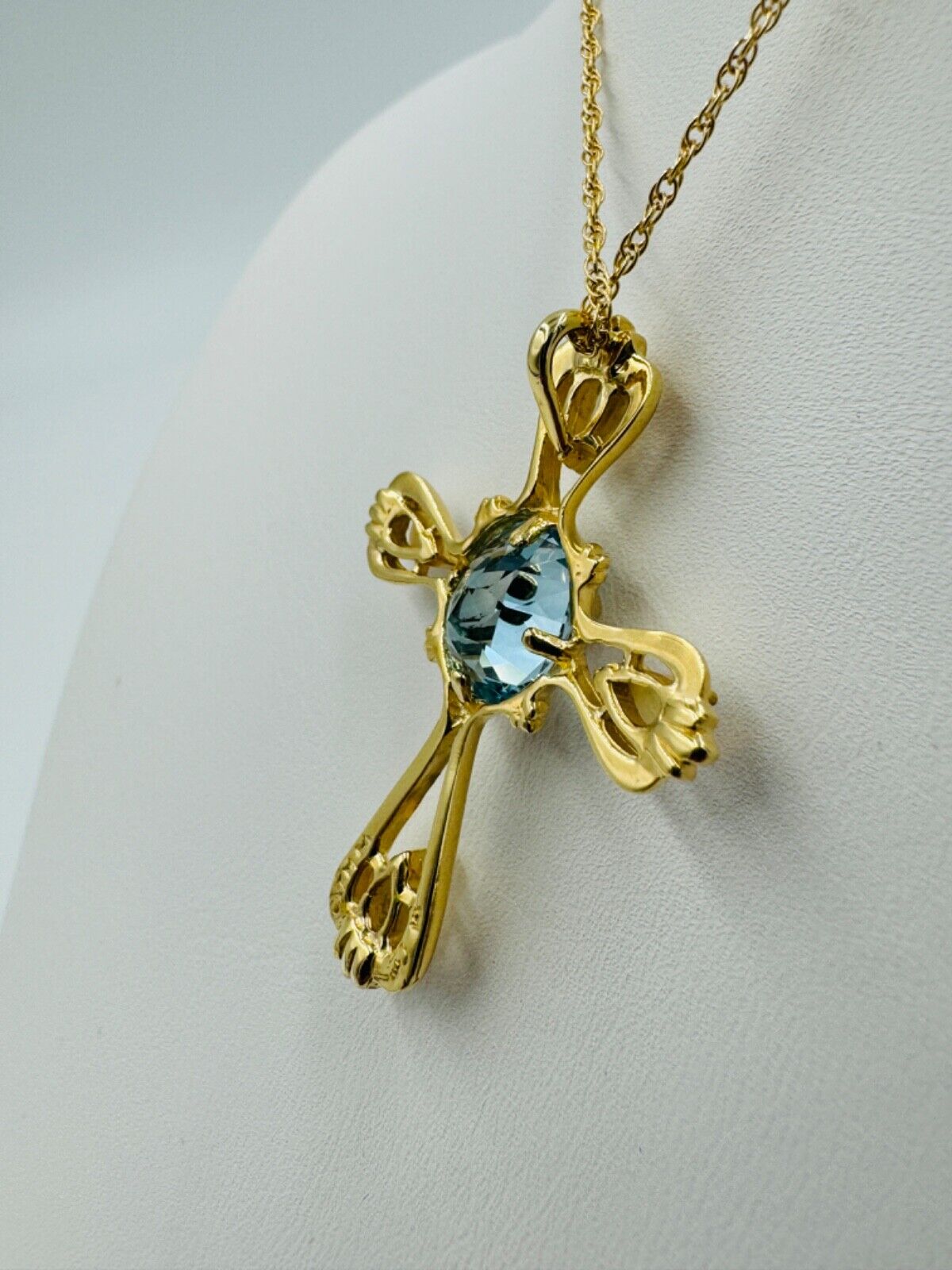 Estate 14k yellow gold Opal Topaz Cross Necklace Pendant