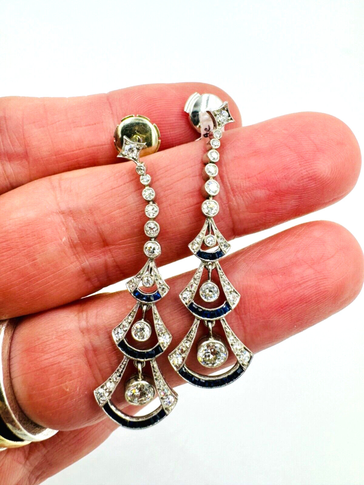 Art Deco Diamond Sapphire Platinum Dangling Earrings