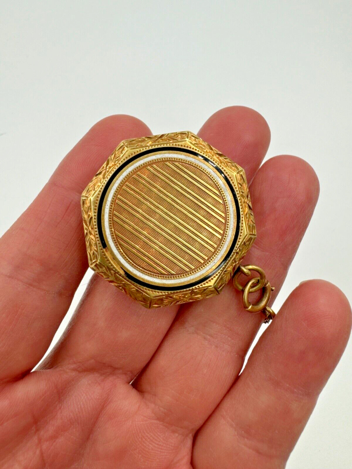 Antique Art Deco Octagonal 14k Gold Ladies' Powder Compact with Chain