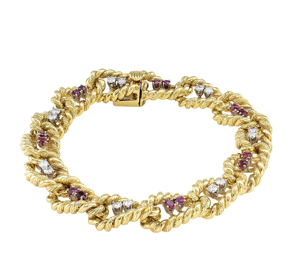 Estate 18k Gold Ruby and Diamond bracelet 7" long