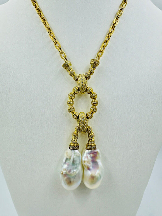 Estate Biwa Pearl Diamond Yellow Gold Dangle Pendant Necklace