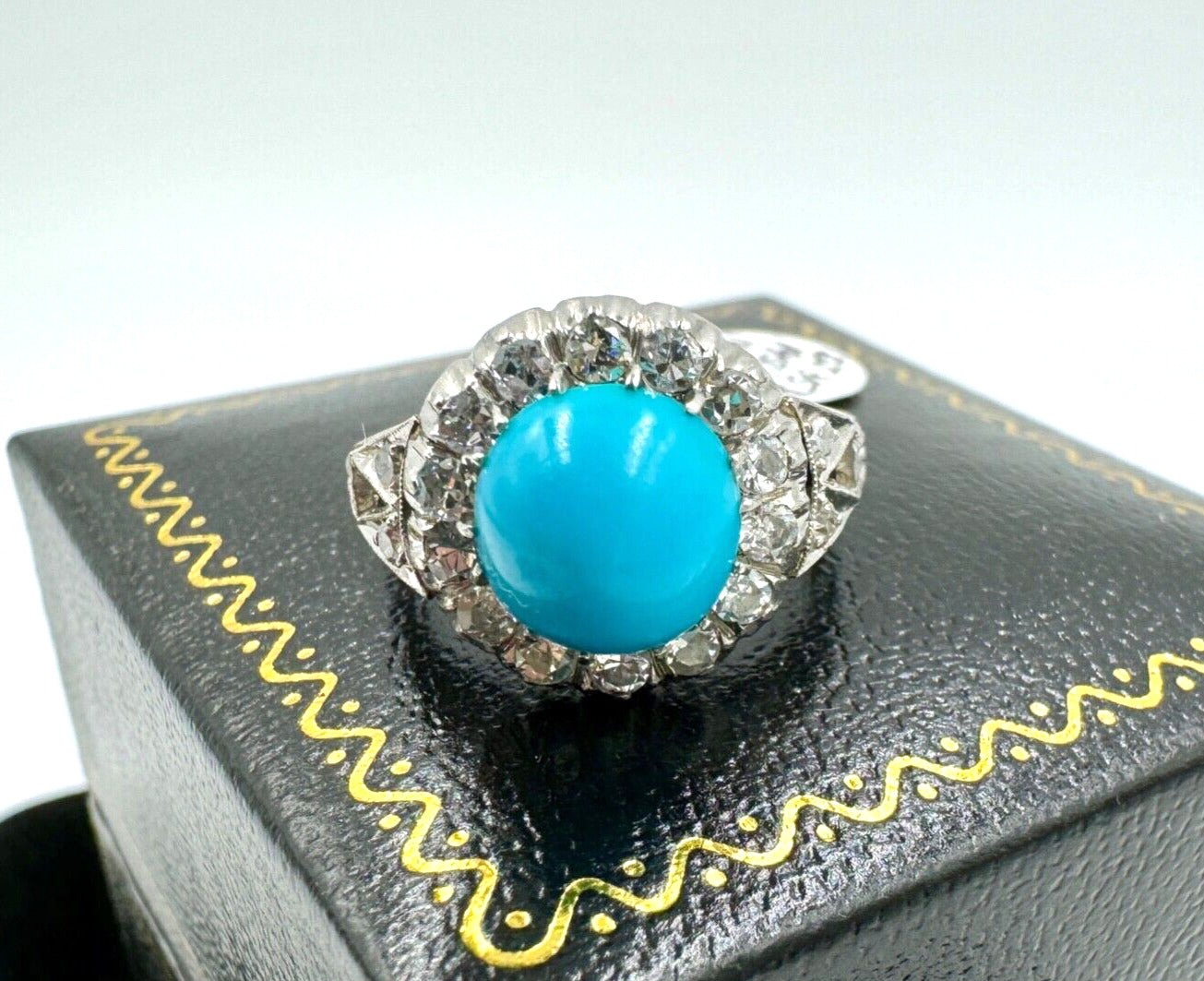 Mid Century Platinum Turquoise  and Rose Cut Diamond Halo Ring