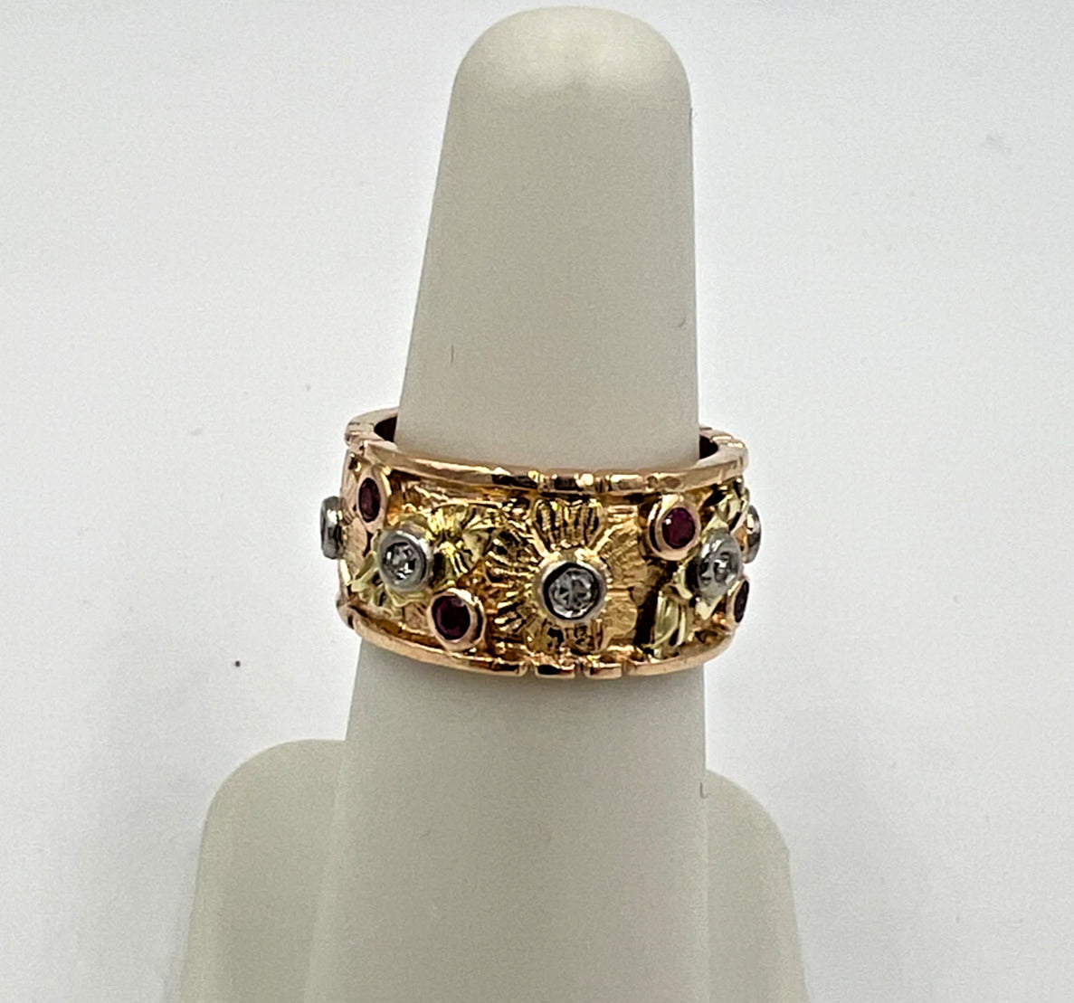 1940s Retro 14k Rose Gold Ruby Diamond 9mm Wide Band Ring