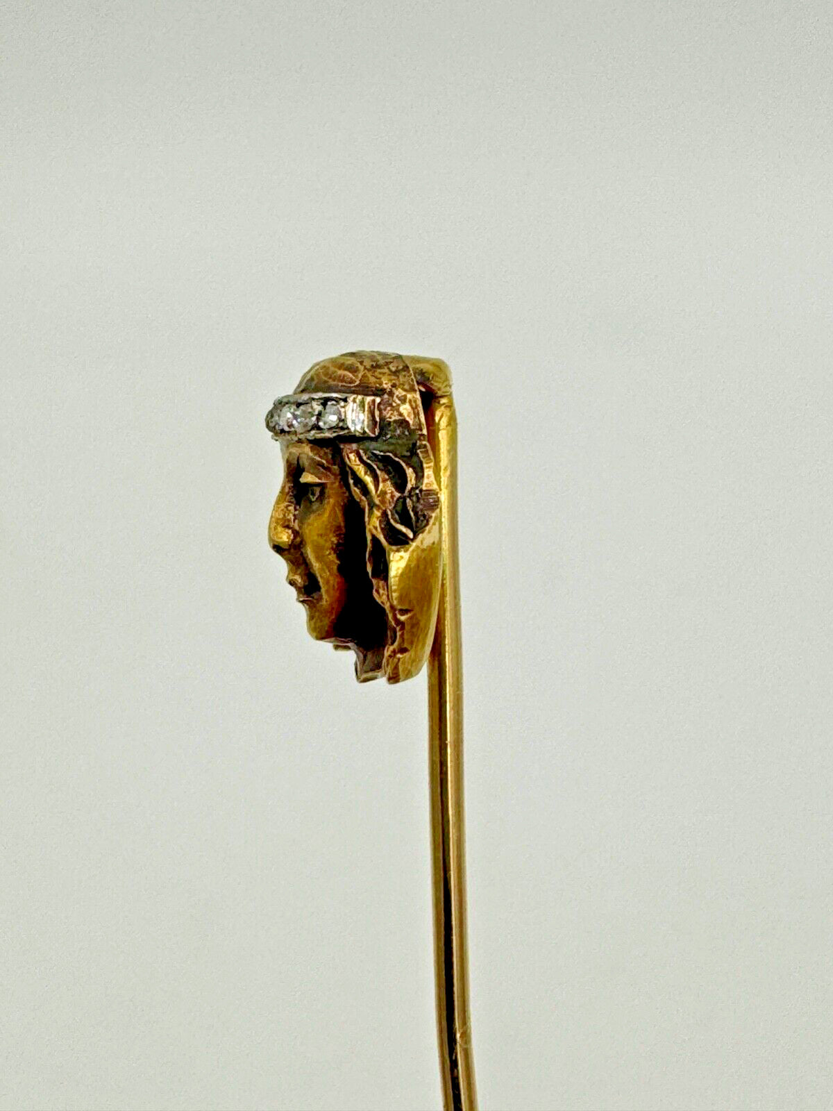 18k gold Art Nouveau Lady stick pin with Rose Cut Diamonds