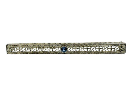 Art Deco Krementz 14k White Gold Filigree Natural Sapphire Bar Brooch Pin