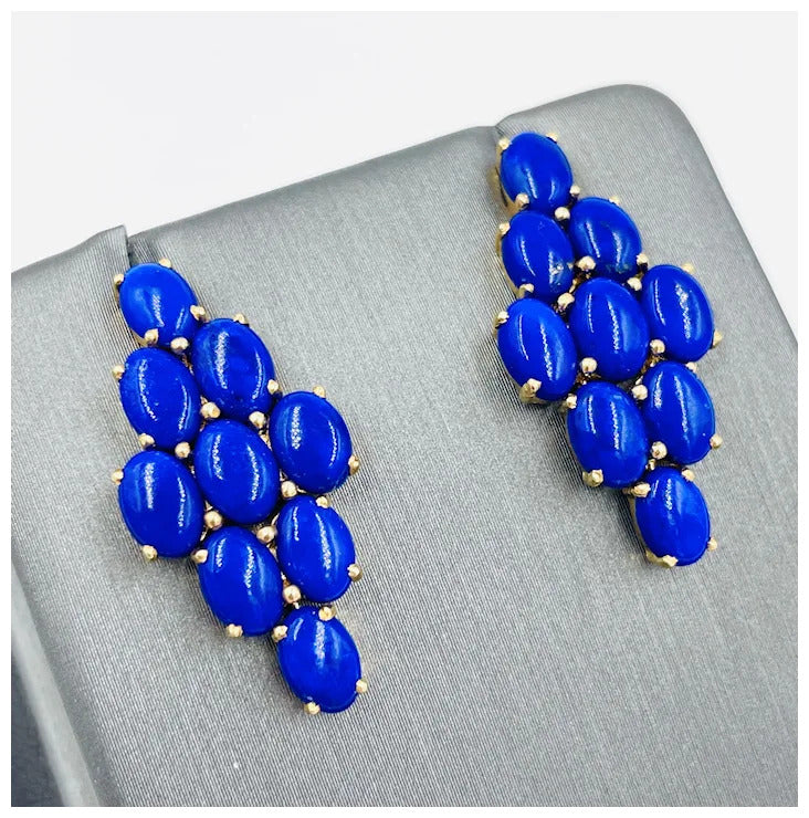 Vintage Hand Made 14k Gold Lapis Lazuli dangle earrings Mid-Century