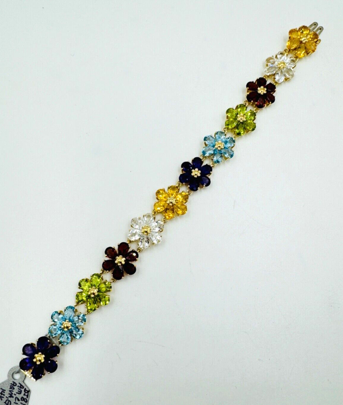 14k Yellow Gold Multi Gemstone Flower Link bracelet Signed