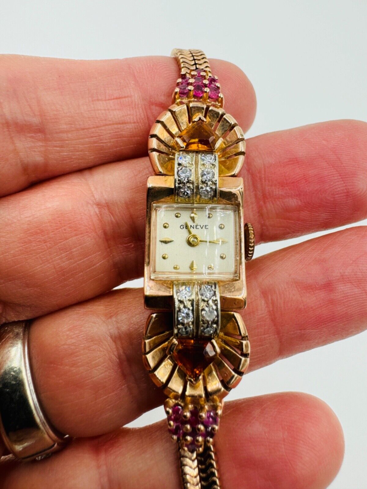 Art Deco 14k pink gold watch with Diamonds Citrine and Ruby's Geneve