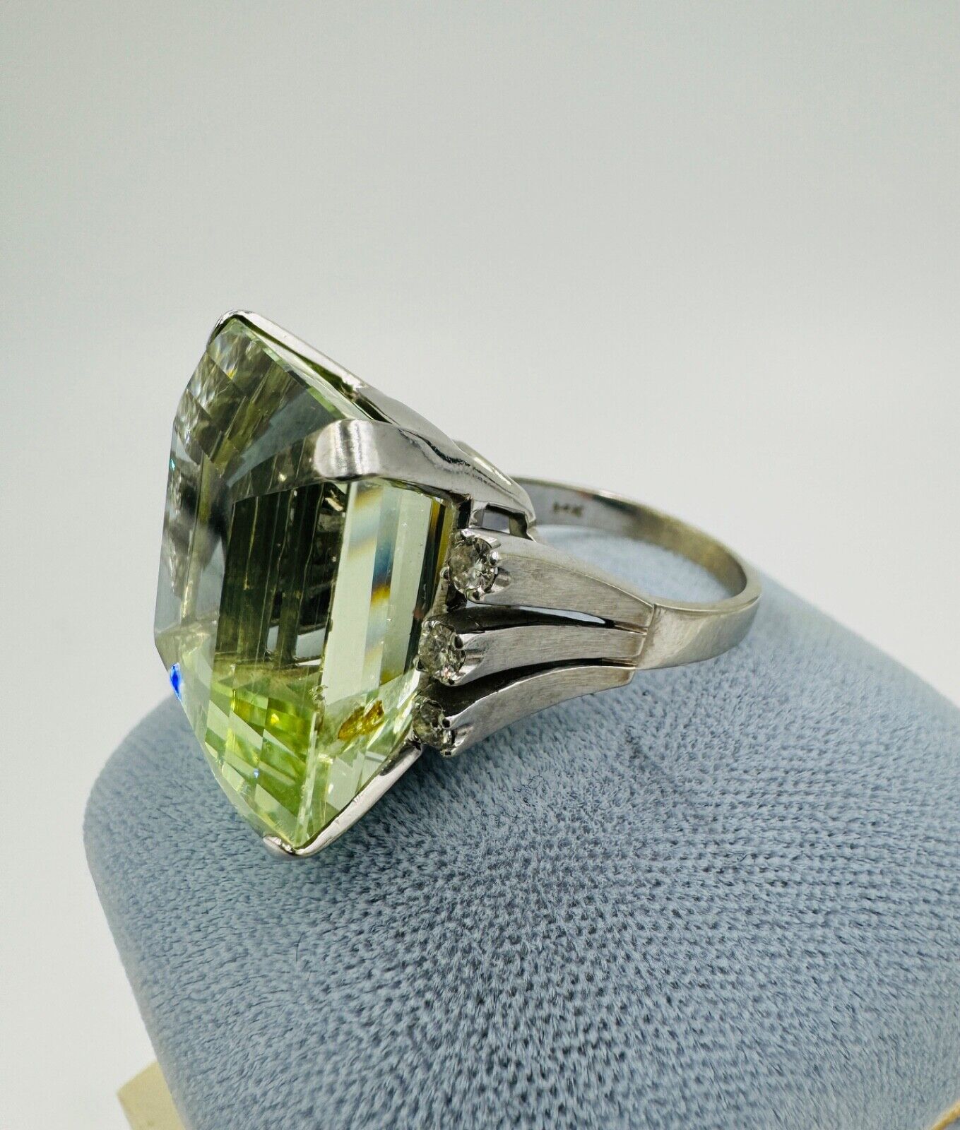 Huge Emerald Cut Green Beryl 14K White Gold Cocktail Ring